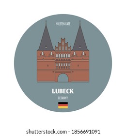 Holsten Gate in Lubeck, Germany. Architectural symbols of European cities. Colorful vector 