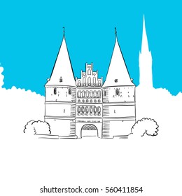 Holstentor Lubeck, hand-drawn vector drawing, blue series
