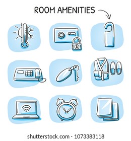 Holtel room icon set, with towels, key, phone, safe, wifi, air condition thermometer, alarm clock, hang tag.  Hand drawn cartoon sketch vector illustration, marker style coloring on blue tiles.