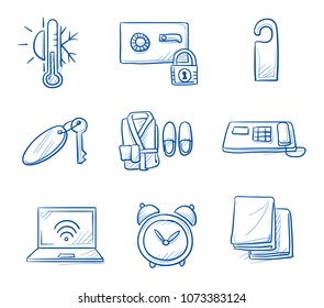 Holtel room icon set, with towels, key, phone, safe, wifi, air condition thermometer, alarm clock, hang tag.  Hand drawn line art cartoon vector illustration.