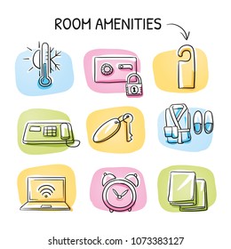 Holtel room icon set, with towels, key, phone, safe, wifi, air condition thermometer, alarm clock, hang tag.  Hand drawn cartoon sketch vector illustration, marker style coloring on tiles.