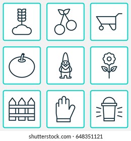 Holticulture Icons Set. Collection Of Cereal, Radish, Dwarf And Other Elements. Also Includes Symbols Such As Lamp, Gloves, Protection.