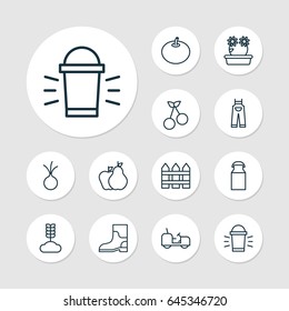 Holticulture Icons Set. Collection Of Rubber Boot, Agrimotor, Sweet Berry And Other Elements. Also Includes Symbols Such As Wheat, Boot, Cereal.