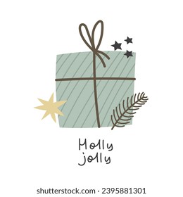 Holu-Joly. Cartoon präsentiert, handgezeichnete Buchstaben, Dekorelemente. Urlaubsthema. Farbige Vektorgrafik, flacher Stil. Design für Grußkarten, Druck, Poster