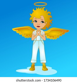 holy angel or curly cupid with halo above its head & wings on its back, colored emoticon, vector emoji in color