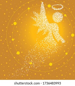 Holy angel formed by a magical trail of flying points on golden background