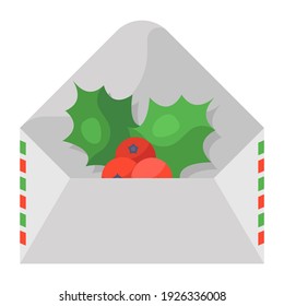 
Holy berries inside an envelope, christmas invitation flat icon
