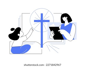 Ilustración vectorial de concepto abstracto de la biblia sagrada. Traducción de la Biblia, libro sagrado de la cristiandad, palabra de Dios, medios religiosos, lectura pública, sagradas escrituras para niños metáforas abstractas.