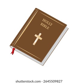 Bíblia Sagrada. livro de orações estilo antigo. Capa dura, cruz dourada e letras. Ilustração de vetor. Livro Sagrado, Livro com cruz - ilustração vetorial - marrom e amarelo, Bíblia Sagrada,
