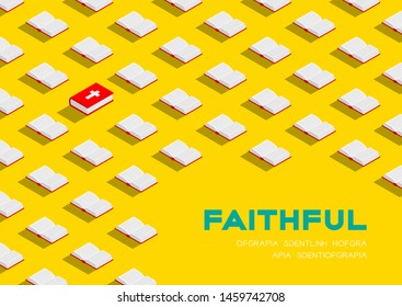 Holy Bible book 3D isometric pattern, Christian faithful concept poster and banner horizontal design illustration isolated on yellow background with copy space, vector eps 10