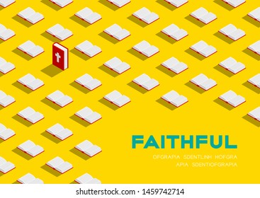 Holy Bible book 3D isometric pattern, Christian faithful concept poster and banner horizontal design illustration isolated on yellow background with copy space, vector eps 10