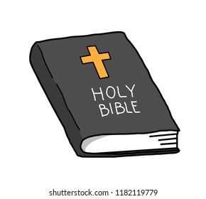 Holy Bible Book of Christian and Catholic teachings with cross symbol on it, hand drawn vector doodle illustration.