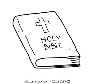 Holy Bible Book of Christian and Catholic teachings with cross symbol on it, hand drawn vector doodle illustration.