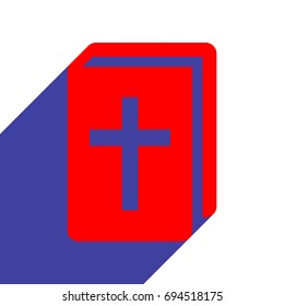 Holy Bible book icon. Vector. Red flat style icon with dark blue long shadow on white background.