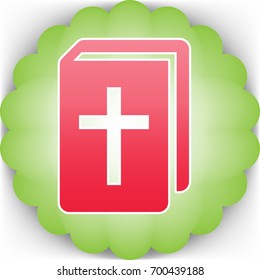 Holy Bible book icon. Vector. Pinkish icon with white contour on green background which similar to flower.
