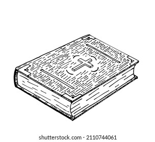 Holy bible book on white background. Bible icon. Vector sketch illustration. Old thick book. Hand drawn vector vintage engraving illustration