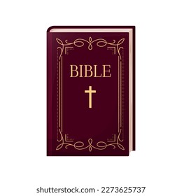 Holy Bible book religion icon worship flat. Study history jesus christ easter church attribute prayer currant dark velvet wood cover close gold title cross divider ornate vintage frame stand isolated