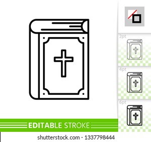 Holy bible book thin line icon. Cute poster. Christian banner in flat style. Simple illustration, outline symbol. Linear pictogram. Vector sign isolated on white. Editable stroke icon without fill