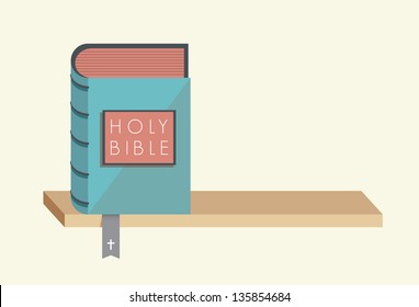 Holy Bible with bookmark and christian cross on the bookshelf with copy space.  You can add any text you want. Concept for bible commandments and rules.