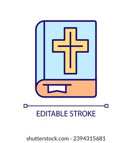 Holy bible of catholic Christians RGB color icon. Spiritual symbol for worshipers. Church ritual texts and statements. Isolated vector illustration. Simple filled line drawing. Editable stroke