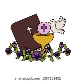 holy bible with chalice and flowers