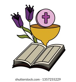 holy bible with chalice and flowers