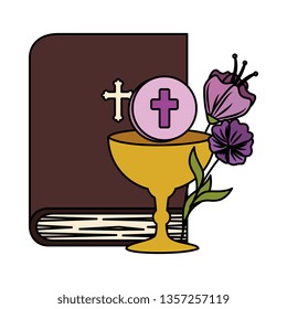 holy bible with chalice and flowers
