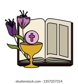 holy bible with chalice and flowers