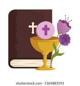 holy bible with chalice and flowers