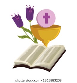 holy bible with chalice and flowers