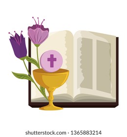 holy bible with chalice and flowers