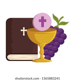 holy bible with chalice and grapes
