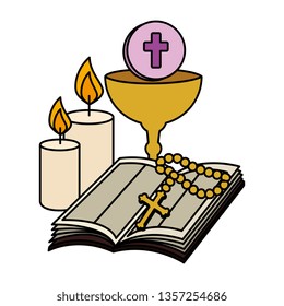 holy bible with chalice and rosary