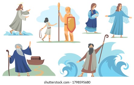 Holy bible Christian characters set. Noah and Virgin Mary, Judah and Moses, angel and Jesus. Vector illustrations for religion, traditional biblical stories, culture concept.
