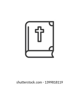 Holy bible with cross line icon. linear style sign for mobile concept and web design. Cover Bible book outline vector icon. Christian religion symbol, logo illustration. Vector graphics