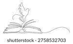 Holy Bible. Dove over open book. Continuous line drawing. Christianity religion concept. Frame border.