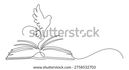 Holy Bible. Dove over open book. Continuous line drawing. Christianity religion concept. Frame border.