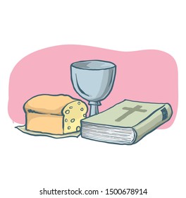 Holy Bible drawing. Vector, Bread, glass.