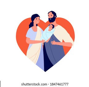 Holy bible family. Little jesus christ, biblical story parent with baby character. Cartoon god birth, christmas religion utter vector concept