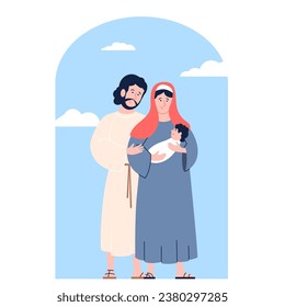 Holy bible family. Religion parents and newborn baby on hand. People in love together, biblical christian believers recent vector characters