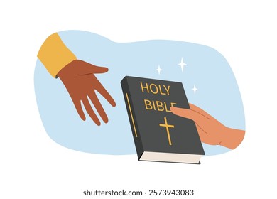 Holy bible in hand of believer handing over book of prayers or gospel to another person for salvation. Book of bible with christian crucifix on cover for search for truth and salvation