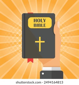 Holy bible in hand icon in flat style. Christianity book vector illustration on isolated background. Religion sign business concept.