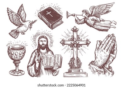 Sagrada Biblia, manos dobladas en oración, boceto de ángeles. Símbolos religiosos establecidos. Colección de ilustraciones vectoriales vintage