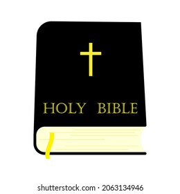 Holy bible icon. Black book. Yellow cross. Bookmark ribbon. Religion background. Vector illustration. Stock image. 