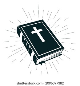 Holy Bible icon, closed old testament book with bookmark and rays, vector