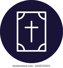 Ícone de bíblia sagrada com cruz sobre fundo circular escuro em estilo plano