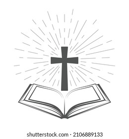 Holy Bible icon, open old testament book with shining crucifix, blessing prayer, vector