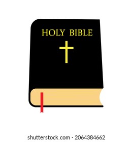 Holy bible icon. Yellow cross. Black book. Red ribbon. Religion concept. Flat design. Vector illustration. Stock image. 