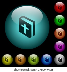 Holy bible icons in color illuminated spherical glass buttons on black background. Can be used to black or dark templates