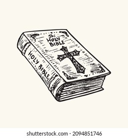 Holy Bible. Ink Black And White Doodle Drawing In Woodcut Style With Inscription.